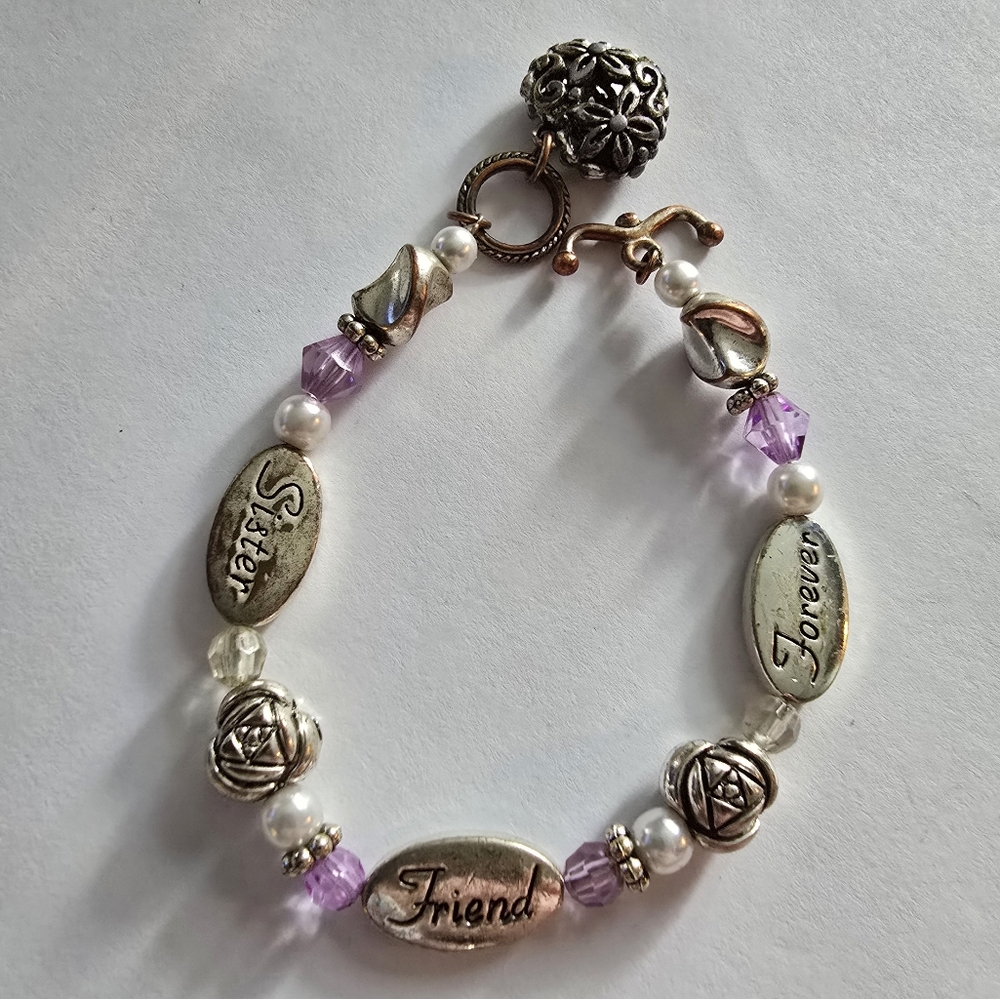 Sister bracelet handmade beaded silver tone heart